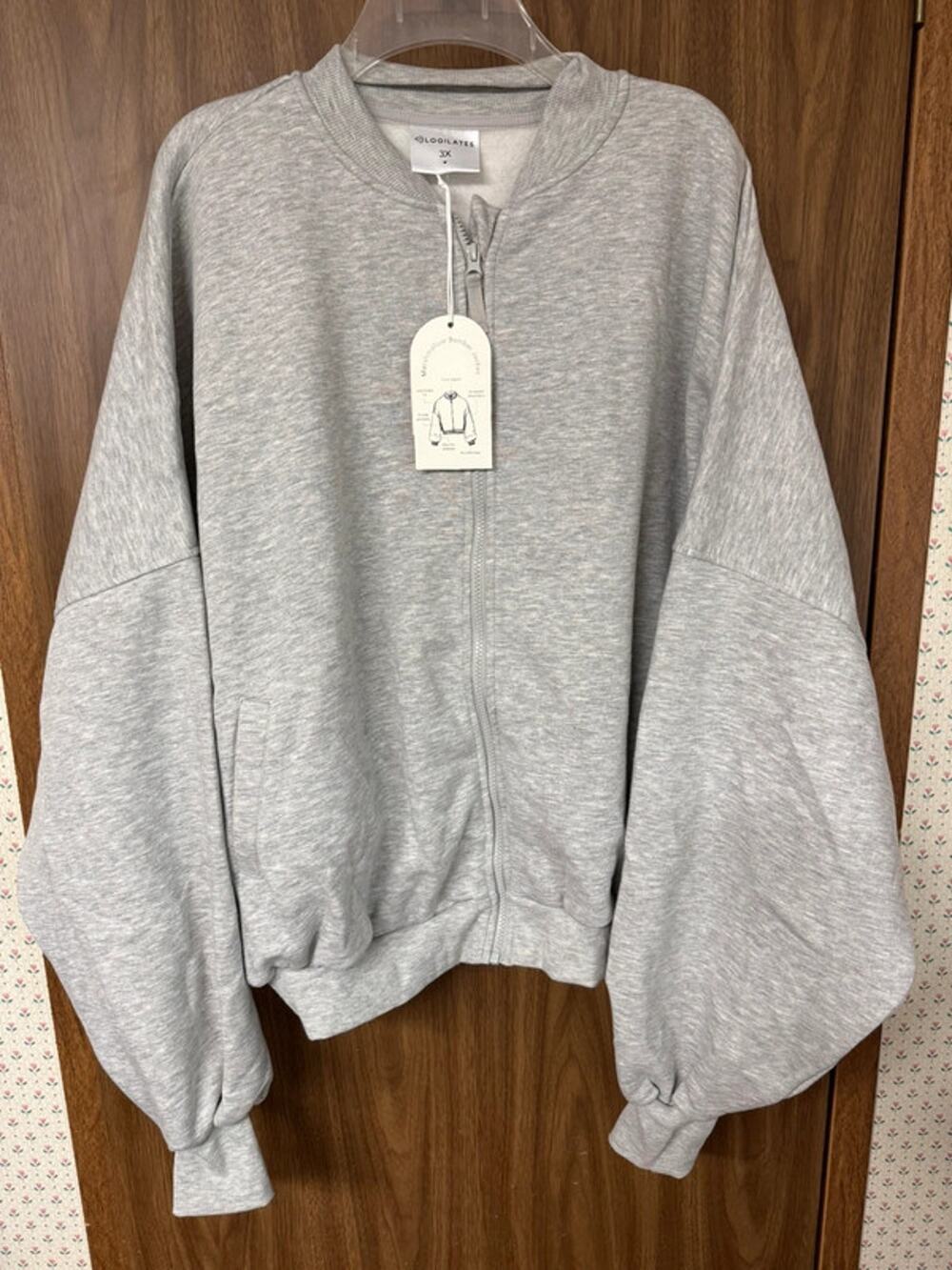 New Ladies Plus Blogilates Gray Marshmallow Bomber Jacket -3X